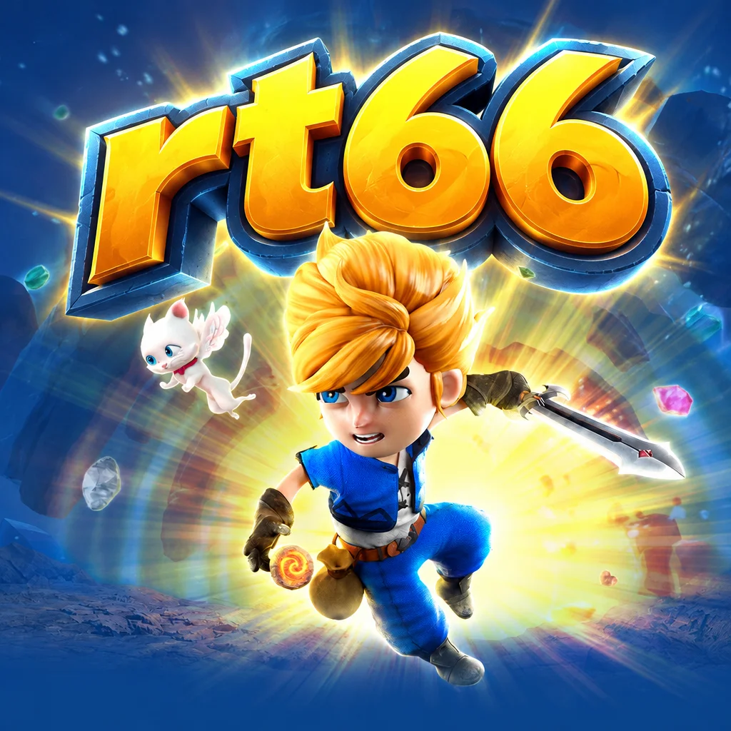 Logo rt66 dengan karakter pahlawan berambut pirang membawa pedang dari game Gem Saviour