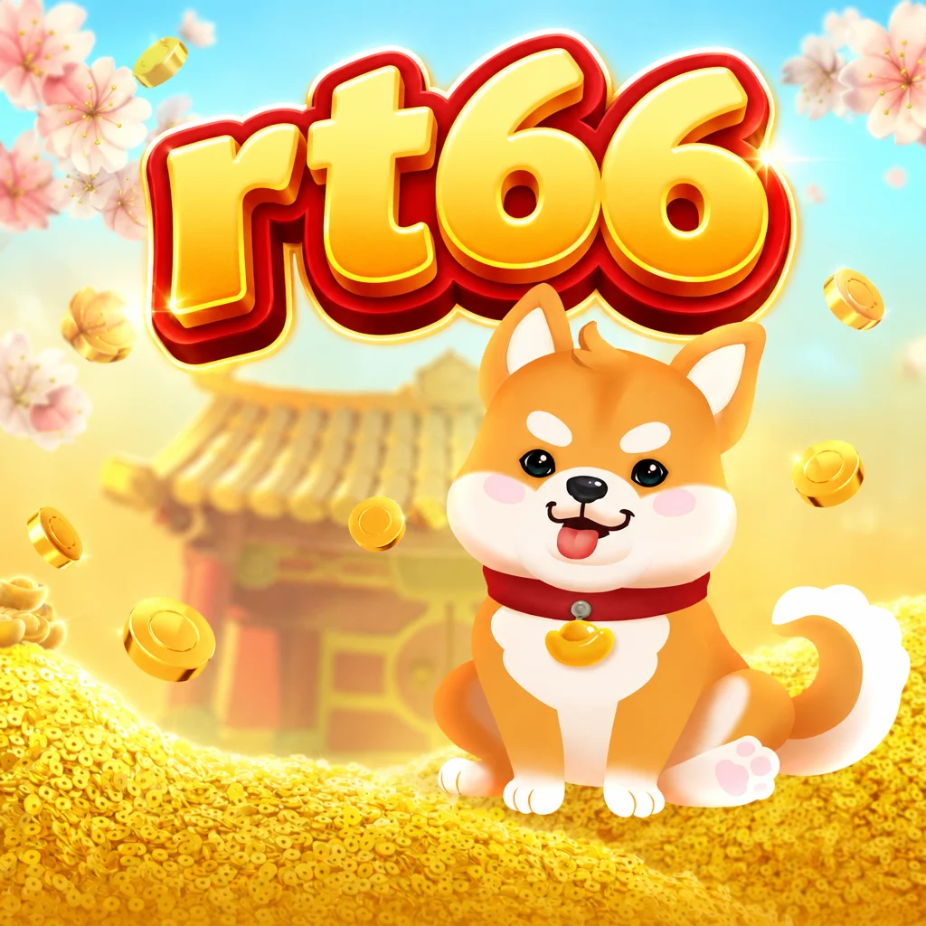 Logo rt66 dengan karakter anjing Shiba Inu lucu di atas tumpukan koin emas dari game Win Win Won